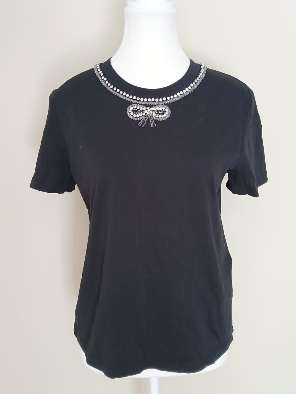 Maje Rhinestone Bow Cotton T-Shirt Small
